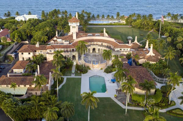 FILE - An aerial view of Donald Trump's Mar-a-Lago estate is seen Aug. 10, 2022, in Palm Beach, Fla. A New York judge ruled Friday against Donald Trump, imposing a $364 million penalty over what the judge ruled was a yearslong scheme to dupe banks and others with financial statements that inflated the former president’s wealth. (AP Photo/Steve Helber, File)