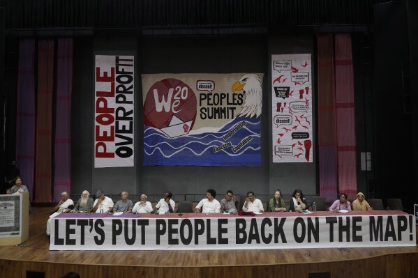 All India Democratic Women's Association leader Brenda Karat, speaks as during a 'People's Summit on G20" in New Delhi, India, Friday, Aug. 18, 2023. Indian police intervened to stop a meeting of prominent activists, academics and politicians discussing issues ahead of a summit of the Group of 20 industrialized and developing nations next month that will be hosted in New Delhi, citing law and order issues, the meeting's organizers said on Sunday. (AP Photo/Manish Swarup)