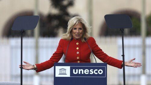 First Lady Jill Biden delivers a speech during a ceremony at the UNESCO headquarters Tuesday, July 25, 2023 in Paris. U.S. first lady Jill Biden is in Paris on Tuesday to attend a flag-raising ceremony at UNESCO, marking Washington's official reentry into the U.N. agency after a five-year hiatus. (AP Photo/Aurelien Morissard, Pool)