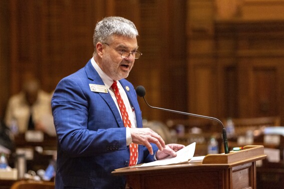 State Rep. Victor Anderson, R-Cornelia, speaks in favor of Election Bill SB 189, regarding ballot scanners, at the House of Representatives in the Capitol in Atlanta on Sine Die, the last day of the legislative session, Thursday, March 28, 2024. (Arvin Temkar/Atlanta Journal-Constitution via AP)