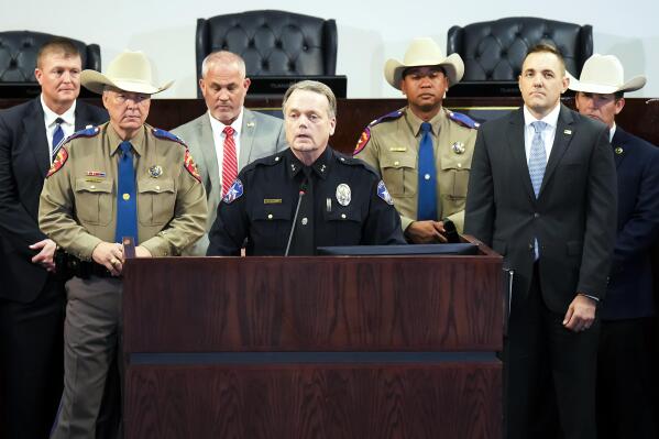 Allen Police Chief Brian Harvey speaks during a press briefing at Allen City Hall regarding the mass shooting at Allen Premium Outlets, Tuesday, May 9, 2023, in Allen, Texas. (Smiley N. Pool/The Dallas Morning News via AP)