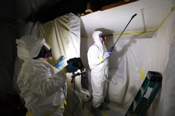 FILE - Asbestos Removal Technologies Inc., job superintendent Ryan Laitila, right, sprays amended water as job forman Megan Eberhart holds a light during asbestos abatement in Howell, Mich., Oct. 18, 2017. The Environmental Protection Agency on Tuesday, April 5, 2022, proposed a rule to finally ban asbestos, a carcinogen that is still used in some chlorine bleach, brake pads and other products and kills thousands of Americans every year. (AP Photo/Paul Sancya, File)