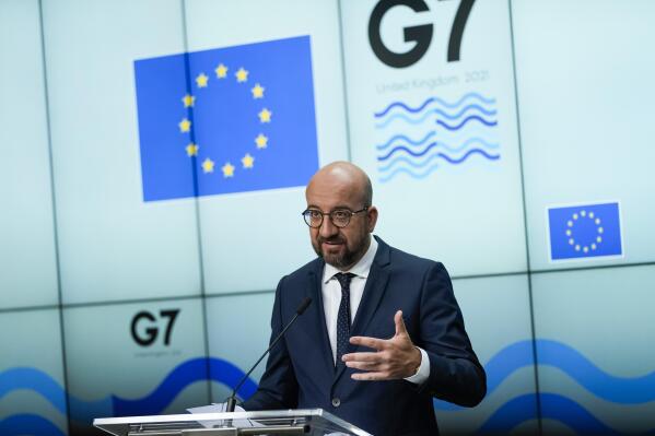 European Council President Charles Michel speaks during a joint news conference with European Commission President Ursula von der Leyen ahead of the G7 summit, at the EU headquarters in Brussels, Thursday, June 10, 2021. Charles Michel and Ursula von der Leyen will attend the G7 summit in Cornwall, southwest England. (AP Photo/Francisco Seco, Pool)
