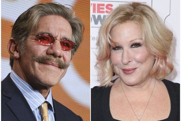 
              This combination photo shows Geraldo Rivera at "The Celebrity Apprentice" panel at the NBC 2015 Winter TCA in Pasadena, Calif., on Jan. 16, 2015, left, and Bette Midler at the 15th Annual Movies for Grownups Awards in Beverly Hills, Calif., on Feb. 8, 2016. Midler is renewing an allegation of sexual misconduct against Geraldo Rivera, a day after Rivera called the news business "flirty." In a tweet posted Thursday by Midler and confirmed by her publicist, the actress-singer called on Rivera to apologize for an assault she said occurred four decades ago. (Photo by Richard Shotwell, left, and Rich Fury/Invision/AP, File)
            