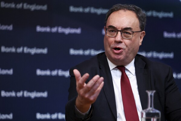 Governor of the Bank of England, Andrew Bailey attends the biannual Financial Stability Report press conference, at the Bank of England in London, Wednesday Dec. 6, 2023. (Hannah McKay/Pool via AP)