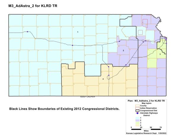 FILE - This image shows the "Ad Astra 2" congressional redistricting plan for Kansas drafted by the Kansas Legislative Research Department for Republican leaders in the GOP-controlled Legislature, Tuesday, Jan. 25, 2022, at the Statehouse in Topeka, Kan. A Kansas district court judge on Monday, April 25, 2022, struck down a new Republican-backed congressional map that would likely make it harder for the only Democrat in the state's delegation to win reelection this year. (Kansas Legislative Research Department via AP)