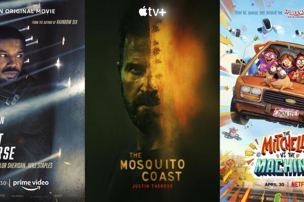 This combination of photos shows promotional art for, from left, "Tom Clancy's Without Remorse," a film premiering Friday on Amazon Prime, "The Mosquito Coast," a series premiering Friday on Apple TV Plus, and "The Mitchells vs the Machines," a film premiering Friday on Netflix. (Amazon/Apple TV+/Netflix via AP)