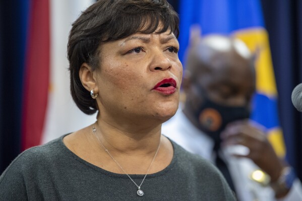 FILE - New Orleans Mayor LaToya Cantrell speaks at the police headquarters in New Orleans. Cantrell is facing charges for allegedly violating state ethics law related to her use of first-class flights. Cantrell is accused of improperly receiving nearly $29,000 worth of first-class upgrades for 15 flights over two years. (Chris Granger/The Times-Picayune/The New Orleans Advocate via AP, File)