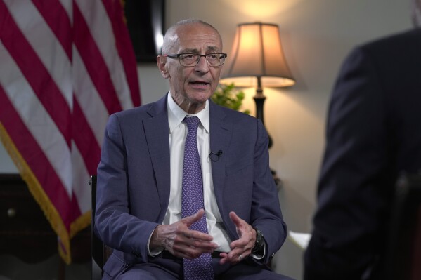 White House global climate envoy John Podesta speaks during an interview with The Associated Press at the Eisenhower Executive Office Building on the White House complex in Washington, Wednesday, May 29, 2024. (AP Photo/Serkan Gurbuz)