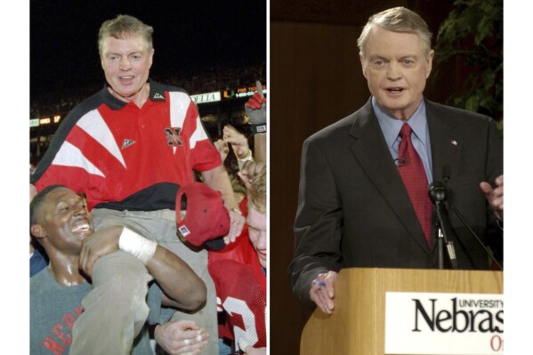At left, Nebraska players carry coach Tom Osborne off the field after the Huskers defeated Miami 24-17 in the Orange Bowl in Miami, Jan. 1, 1995, and at right, Osborne speaks during a Republican gubernatorial debate March 19, 2006, in Omaha, Neb. (AP Photo/File)