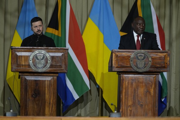 South Africa's President Cyril Ramaphosa and Ukrainian President Volodymyr Zelenskyy address the media following their meeting at the Union Buildings in Pretoria, South Africa, Thursday, April 24, 2025. (AP Photo/Themba Hadebe)