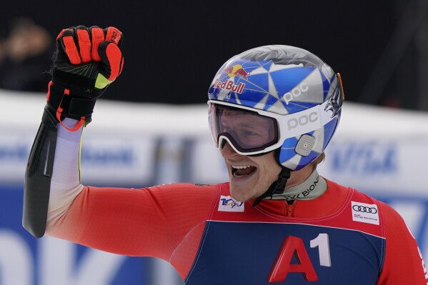 Switzerland's Marco Odermatt reacts after winning an alpine ski, men's APCup giant slalom race, in Bansko, Bulgaria, Saturday, Feb. 10, 2024. (APPhoto/Piermarco Tacca)
