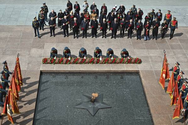 Foreign leaders attend a wreath laying ceremony at the Tomb of the Unknown Soldier in Alexander Garden after the Victory Day military parade in Moscow, Russia, Friday, May 9, 2025, during celebrations of the 80th anniversary of the Soviet Union's victory over Nazi Germany during the World War II. (Ivan Sekretarev/Photo host agency RIA Novosti via AP)