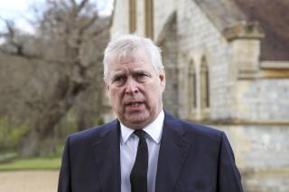 FILE - In this Sunday, April 11, 2021, file photo, Britain's Prince Andrew speaks. during a television interview at the Royal Chapel of All Saints at Royal Lodge, Windsor, England. Prince Andrew’s lawyer asked a New York judge Tuesday, Oct. 26, 2021, to keep sealed a 2009 legal agreement that he says can protect the prince against a lawsuit's claims that he sexually assaulted an American woman when she was under 18. (Steve Parsons/Pool Photo via AP, File)