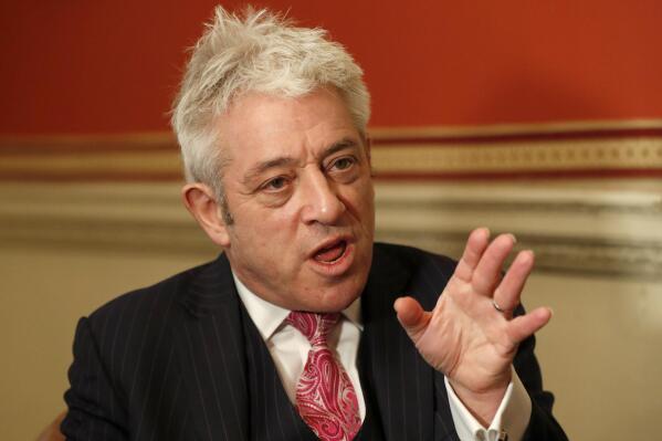 FILE - In this Thursday, Nov. 7, 2019 file photo, Former British House of Commons speaker, John Bercow, speaks during an interview with Associated Press in London. Bercow, who gained international fame refereeing the country’s political drama over Brexit, said Sunday, June 20, 2021 he has quit the governing Conservatives to join the opposition Labour Party. Bercow was a Conservative lawmaker for 12 years until being elected in 2009 to the neutral role of Speaker, responsible for running House of Commons business and interpreting Parliament's rules of procedure. (AP Photo/Frank Augstein, file)