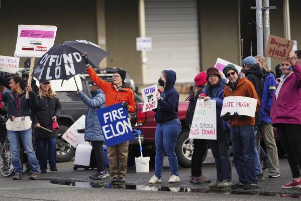 People wave signs to passing cars during a protest against Tesla and Elon Musk outside of a Tesla service center location Saturday, March 29, 2025, in Seattle. (AP Photo/Lindsey Wasson)