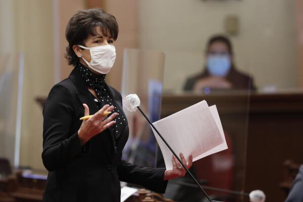 FILE — IN this July 2, 2020, file photo, state Sen. Connie Leyva, D-Chino, speaks on a bill before lawmakers at the Capitol in Sacramento, Calif. On Monday, Aug. 30, 2021, the California Legislature passed Leyva's bill SB331 that would prohibit secret agreements to settle harassment and discrimination cases in the workplace. California already bans secret agreements in cases involving sexual harassment and sex discrimination. This bill would extend the law to include other forms of harassment and discrimination, including race, religion and gender identity. (AP Photo/Rich Pedroncelli, File)