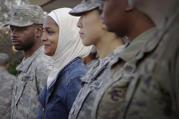 This still image provided by Terrace Films, shows Saleha Jabeen at an Army Reserve Base, in September 2017, in Fort Sheridan, Ill. Jabeen is featured in "Three Chaplains," a documentary that offers a peek into the worlds of Muslim military chaplains. (Courtesy David Washburn/Terrace Films via AP)