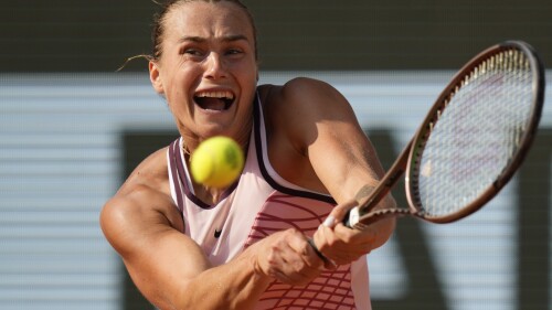 Aryna Sabalenka of Belarus plays a shot against Karolina Muchova of the Czech Republic during their semifinal match of the French Open tennis tournament at the Roland Garros stadium in Paris, Thursday, June 8, 2023. (AP Photo/Thibault Camus)