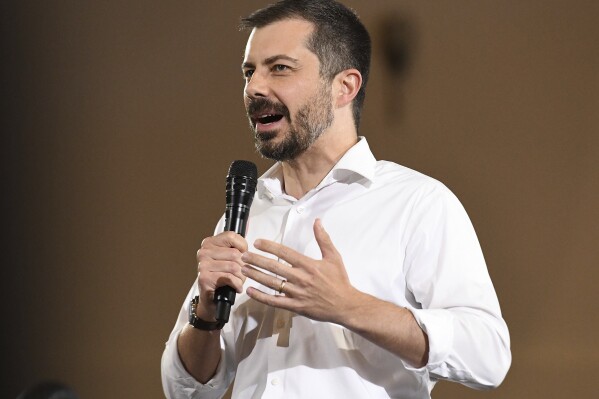 Former U.S. Secretary of Transportation Pete Buttigieg speaks during a VoteVets Town Hall, Tuesday, May 13, 2025, in Cedar Rapids, Iowa. (AP Photo/Cliff Jette)