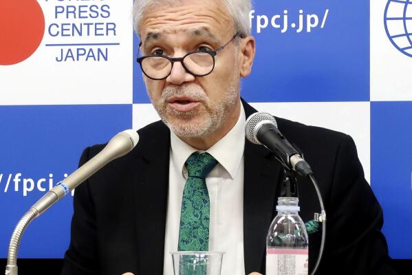 Gustavo Caruso, director of IAEA Department of Nuclear Safety and Security who heads the taskforce, speaks during a press conference in Tokyo, Friday, Nov. 16, 2022. The head of an Internatinal Atomic Energy Agency taskforce reviewing Japan's planned release into sea of treated radioactive wastewater stored at the tsunami-wrecked Fukushima nuclear plant said Friday, Nov. 18, 2022, his team's mission is to show independent views,  not to support Tokyo's position.(Kyodo News via AP)