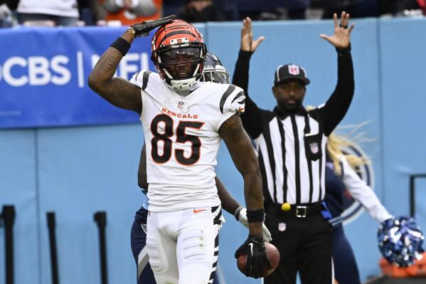 Cincinnati Bengals wide receiver Tee Higgins (85) celebrates his touchdown catch against the Tennessee Titans during the second half of an NFL football game, Sunday, Nov. 27, 2022, in Nashville, Tenn. (AP Photo/Mark Zaleski)