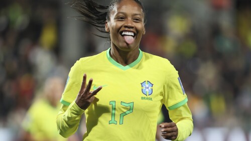 Brazil's Ary Borges celebrates her hat trick goal during the Women's World Cup Group F soccer match between Brazil and Panama in Adelaide, Australia, Monday, July 24, 2023. (AP Photo/James Elsby)