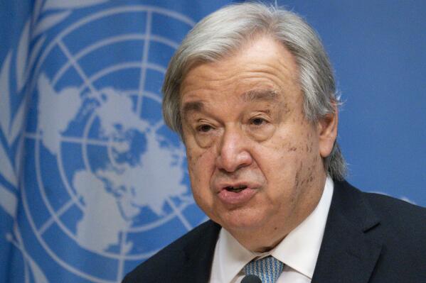 FILE -- United Nations Secretary-General Antonio Guterres addresses reporters during a news conference in New York, United States, Wednesday, June 8, 2022. The head of the United Nations has warned the world faces 'catastrophe' because of the growing shortage of food around the globe. (AP Photo/Mary Altaffer, file)