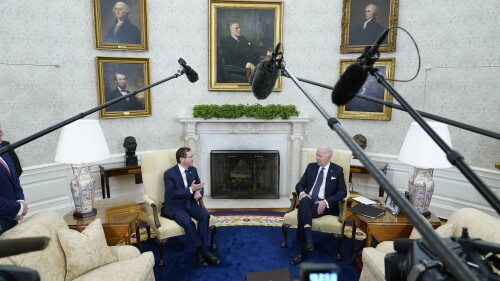 FILE - President Joe Biden and Israel's President Isaac Herzog talk during a meeting in the Oval Office of the White House, Oct. 26, 2022, in Washington. (AP Photo/Patrick Semansky, File)