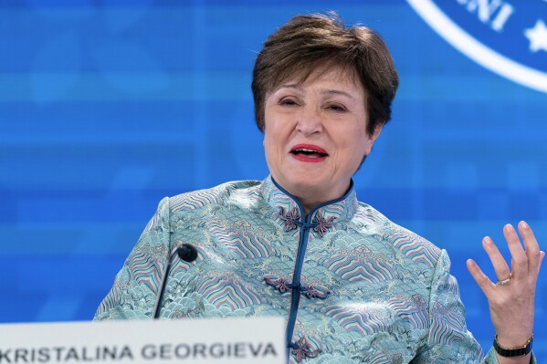 FILE - International Monetary Fund Managing Director Kristalina Georgieva speaks at a news conference, during the World Bank/IMF Spring Meetings at the International Monetary Fund (IMF) headquarters in Washington, on April 14, 2023. The global economy has shown remarkable resilience but still bears deep scars from the coronavirus pandemic, the war in Ukraine and rising interest rates. That's according to Georgieva. She spoke Thursday, Oct. 5, in Abidjan, Ivory Coast, ahead of next week’s fall meetings of the IMF and the World Bank. (AP Photo/Jose Luis Magana, file)