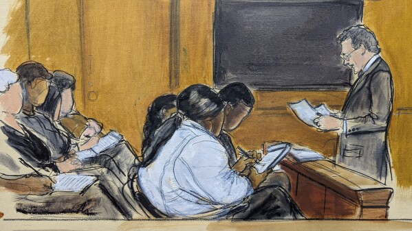 The jury in the Harvey Weinstein sexual misconduct case listens to a read back of testimony by a key witness, Monday, June 9, 2025, at Manhattan criminal court in New York. (Elizabeth Williams via AP)