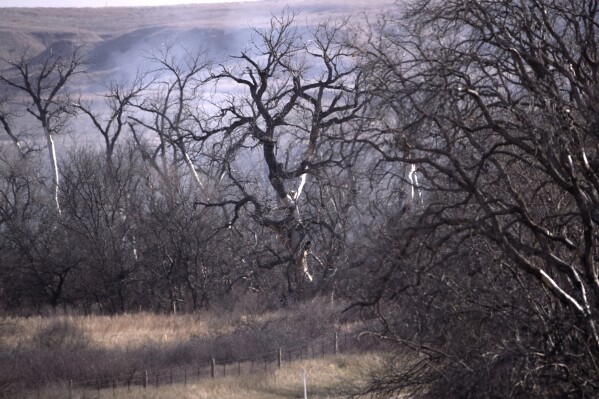 Smoke is seen outside of Canadian, Texas, from the Smokehouse Creek Fire, Monday, March 4, 2024. (Annie Rice/Lubbock Avalanche-Journal via AP)