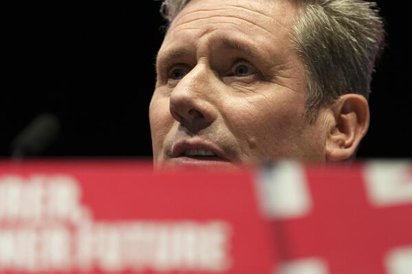 Keir Starmer, the leader of Britain's Labour Party makes his speech at the party's annual conference in Liverpool, England, Tuesday, Sept. 27, 2022. (AP Photo/Jon Super)