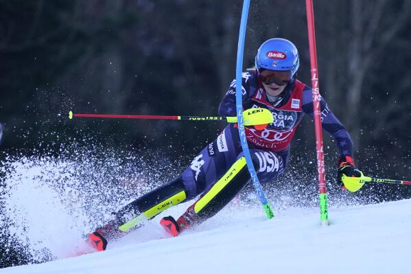 United States' Mikaela Shiffrin speeds down the course during an alpine ski, women's World Cup slalom race, in Zagreb, Croatia, Wednesday, Jan. 4, 2023. (AP Photo/Giovanni Auletta)
