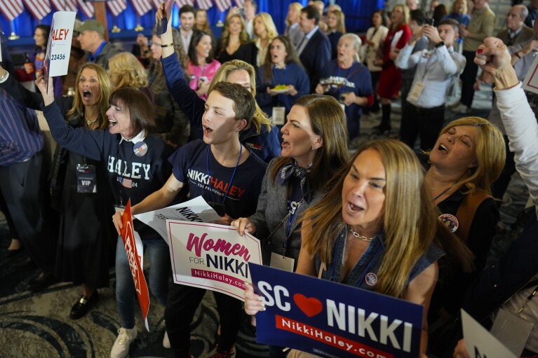 Supporters of Republican presidential candidate former UN Ambassador Nikki Haley at an election night event in Charleston, SC, on Saturday, February 24, 2024 (AP Photo/Chris Carlson)