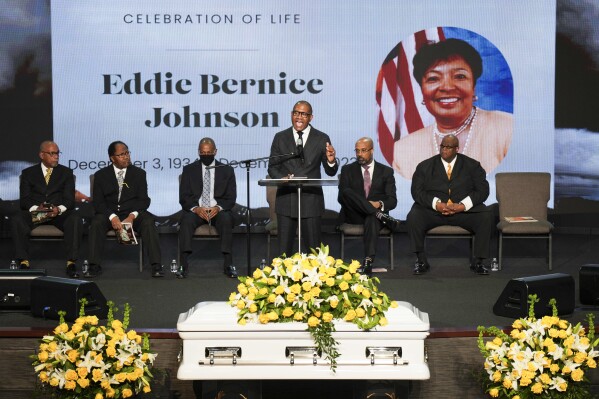 Pastor Bryan Carter of Concord Church speaks during funeral services for former U.S. Rep. Eddie Bernice Johnson at his church on Tuesday, Jan. 9, 2024, in Dallas. (Smiley N. Pool/The Dallas Morning News via AP, Pool)
