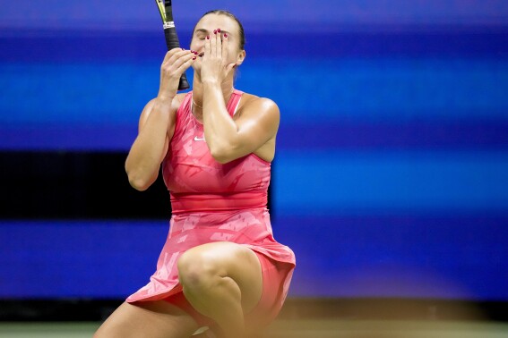 Aryna Sabalenka, of Belarus, reacts after defeating Madison Keys, of the United States, during the women's singles semifinals of the U.S. Open tennis championships, Friday, Sept. 8, 2023, in New York. (AP Photo/Charles Krupa)