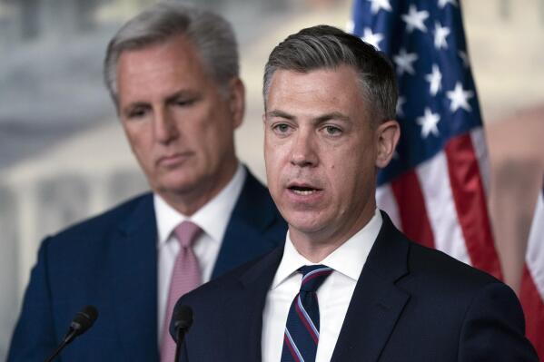 FILE - Rep. Jim Banks, R-Ind., right, speaks as House Minority Leader Kevin McCarthy of Calif., listens during a news conference on the House Jan. 6 Committee, on June 9, 2022, on Capitol Hill in Washington. Banks, a combative defender of former President Donald Trump, on Tuesday, Jan. 17, 2023, launched a campaign for the U.S. Senate seat from Indiana being given up by fellow Republican Mike Braun. (AP Photo/Jacquelyn Martin, File)