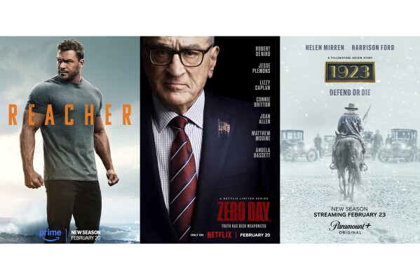 This combination of photos show promotional art for the series "Reacher," from left, "Zero Day," and "1923." (Amazon Prime/Netflix/Paramount+ via AP)