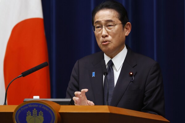 Japan's Prime Minister Fumio Kishida speaks at a press conference in Tokyo Friday, Aug. 4, 2023. (Kim Kyung-Hoon/Pool Photo via AP)
