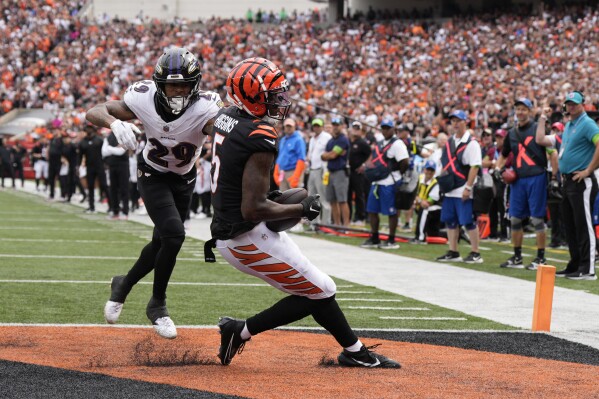 Cincinnati Bengals wide receiver Tee Higgins (5) catches a touchdown pass as Baltimore Ravens safety Ar'Darius Washington (29) defends during the second half of an NFL football game Sunday, Sept. 17, 2023, in Cincinnati. (AP Photo/Jeff Dean)