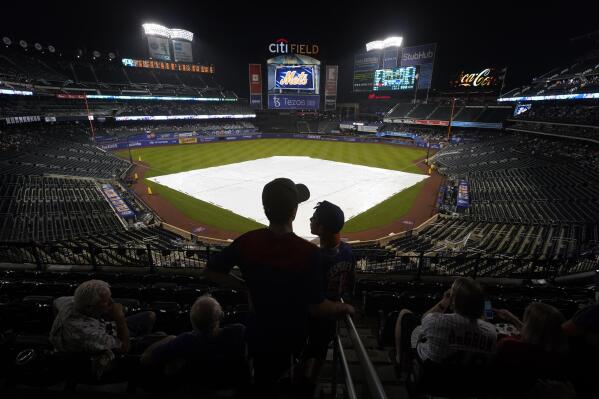Fans wait in the stands after a rain delay was called during a baseball game between the New York Mets and the Washington Nationals, Tuesday, Aug. 10, 2021, in New York. (AP Photo/Mary Altaffer)