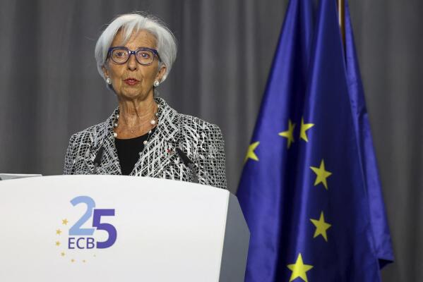 European Central Bank president Christine Lagarde delivers a speech during a ceremony to celebrate the 25th anniversary of the European Central Bank, in Frankfurt, Germany, Wednesday May 24, 2023. (Kai Pfaffenbach/Pool via AP)