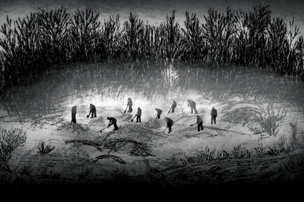 Illustration of detained Ukrainian civilians digging into frozen ground. (AP Illustration/Peter Hamlin)