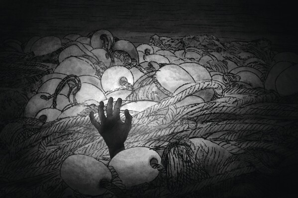 Passengers who were drowning tried desperately to pull themselves to safety. (AP Illustration/Peter Hamlin)