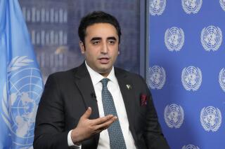 FILE - Pakistani Foreign Minister Bilawal Bhutto Zardari speaks during an interview with The Associated Press on March 9, 2023, at United Nations headquarters. Pakistan's top diplomat Bilawal Bhutto Zardari will travel to India in May for a meeting of a regional grouping known as the Shanghai Cooperation Organization, the foreign ministry spokesperson said Thursday, April 20. (AP Photo/Mary Altaffer, File)