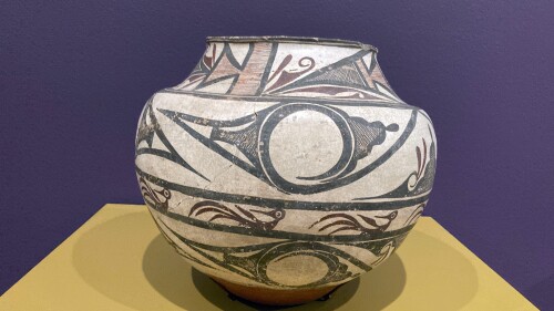 A jar made in 1865 in the Zuni Pueblo is displayed at the Shelburne Museum in Shelburne, Vt., Friday, June 21, 2023. The museum was gifted a more than 200-piece collection of Native American art and plans to build a $12.6 million facility for them. Some of the pottery is currently on display. (AP Photo/Lisa Rathke)