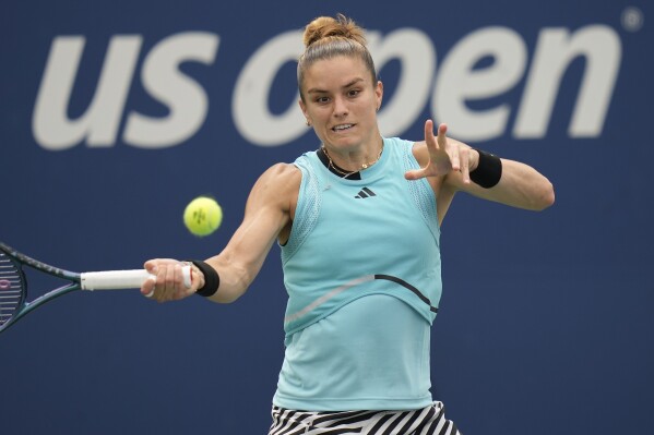 Maria Sakkari, of Greece, returns a shot to Rebeka Masarova, of Spain, during the first round of the U.S. Open tennis championships, Monday, Aug. 28, 2023, in New York. (AP Photo/Charles Krupa)