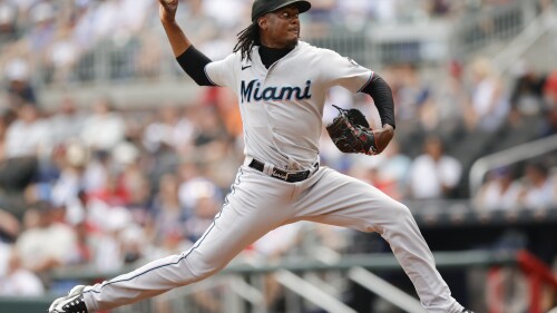 Miami Marlins relief pitcher George Soriano (62) throws against the Atlanta Braves in the third inning during a baseball game Saturday, July 1, 2023, in Atlanta. (AP Photo/Alex Slitz)