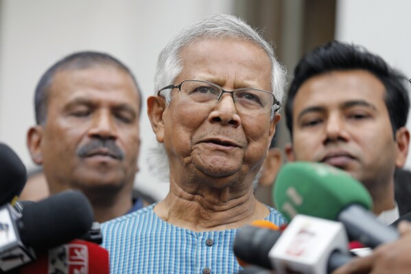 Nobel laureate Muhammad Yunus speaks to the media after he was granted bail by a court in an embezzlement case, in Dhaka, Bangladesh, Sunday, Mar. 03, 2024. (AP Photo/Mahmud Hossain Opu)